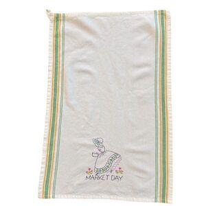 Vintage Market Day Embroidered Tea Towel White Green Yellow Stripe Cotton